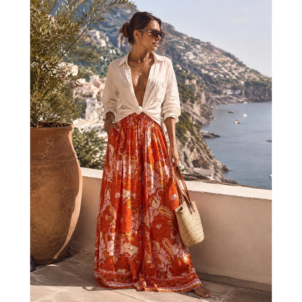 Rachel Zoe XS Wide Leg Palazzo Pants Orange Pink Floral Boho Resort Vacation